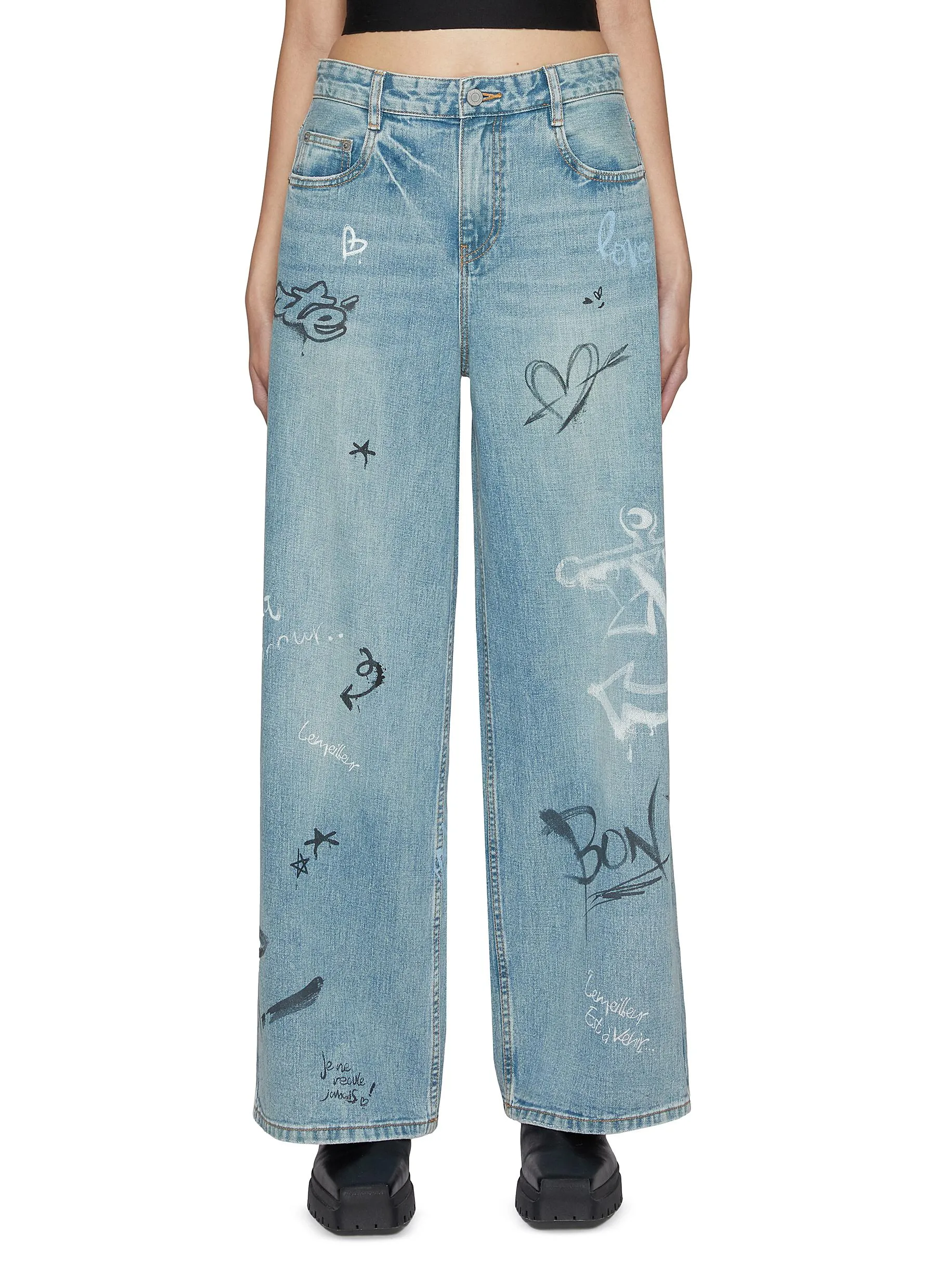 -----------MO&CO.  ---- ------------ ----Graffiti Print Medium Washed Denim Jeans --