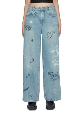 -----------MO&CO.  ---- ------------ ----Graffiti Print Medium Washed Denim Jeans --