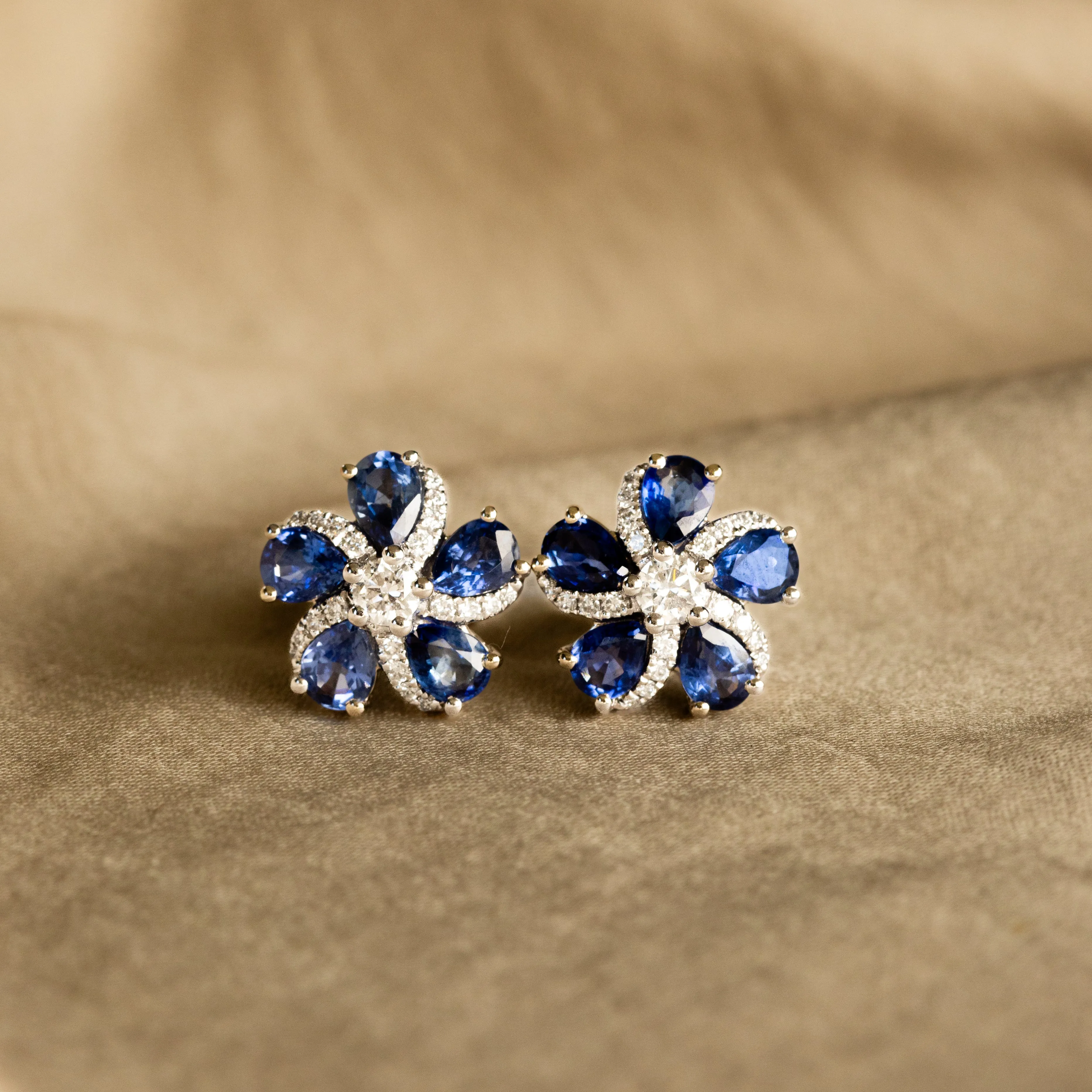 14K White Gold Natural Sapphire Diamond Flower Earrings