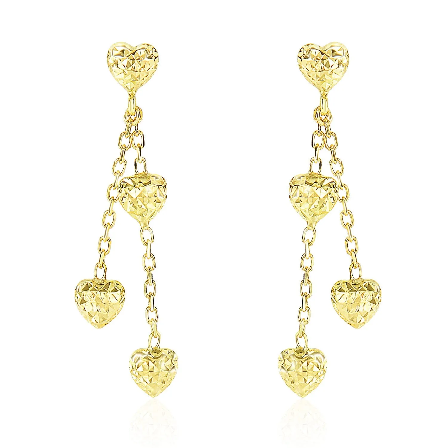 14k Yellow Gold Puffed Heart Diamond Cut Chain Dangling Earrings-rx24336