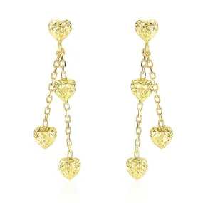 14k Yellow Gold Puffed Heart Diamond Cut Chain Dangling Earrings-rx24336