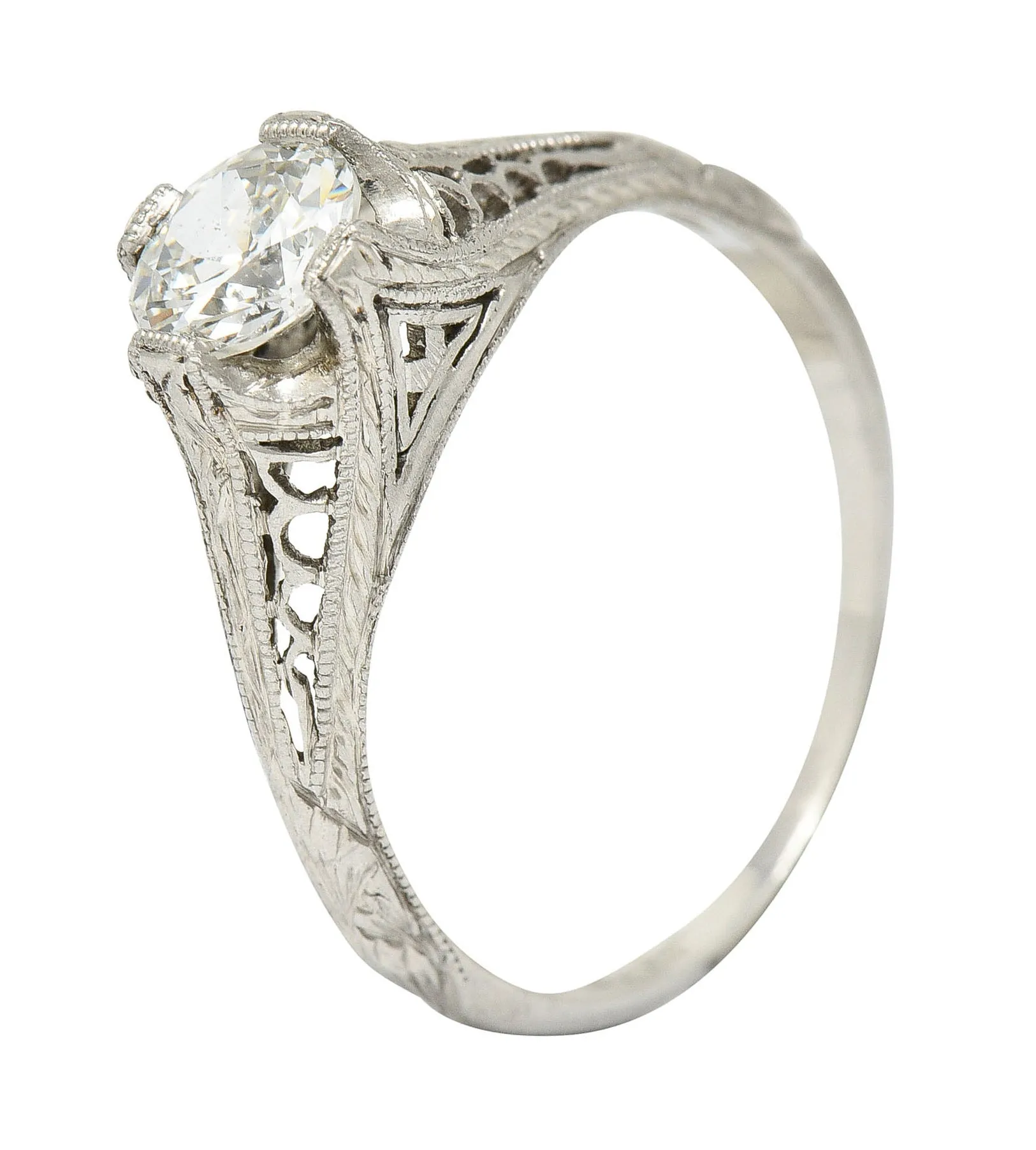 1915 Edwardian 0.63 CTW Diamond Platinum Filigree Engagement Ring