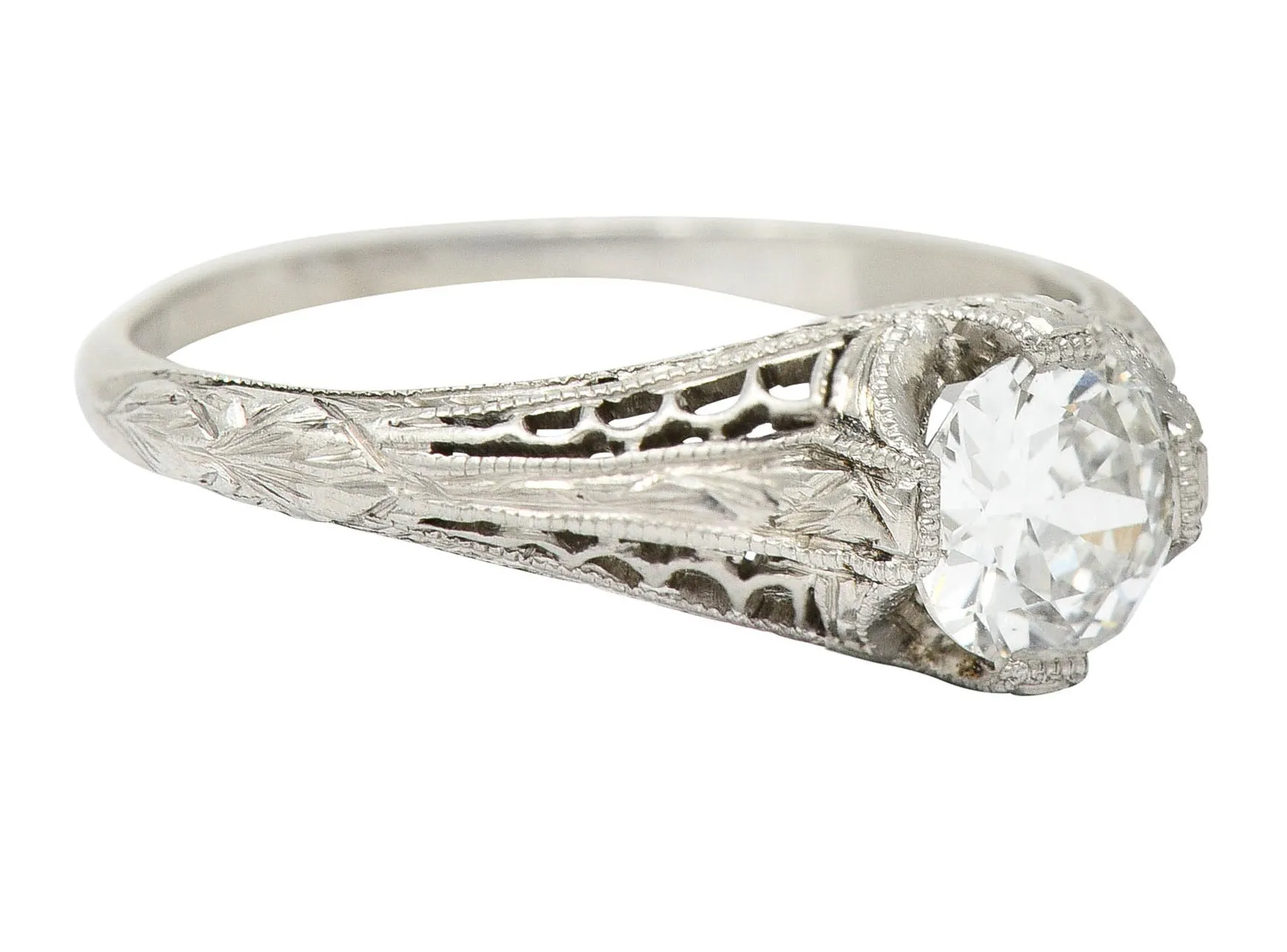 1915 Edwardian 0.63 CTW Diamond Platinum Filigree Engagement Ring