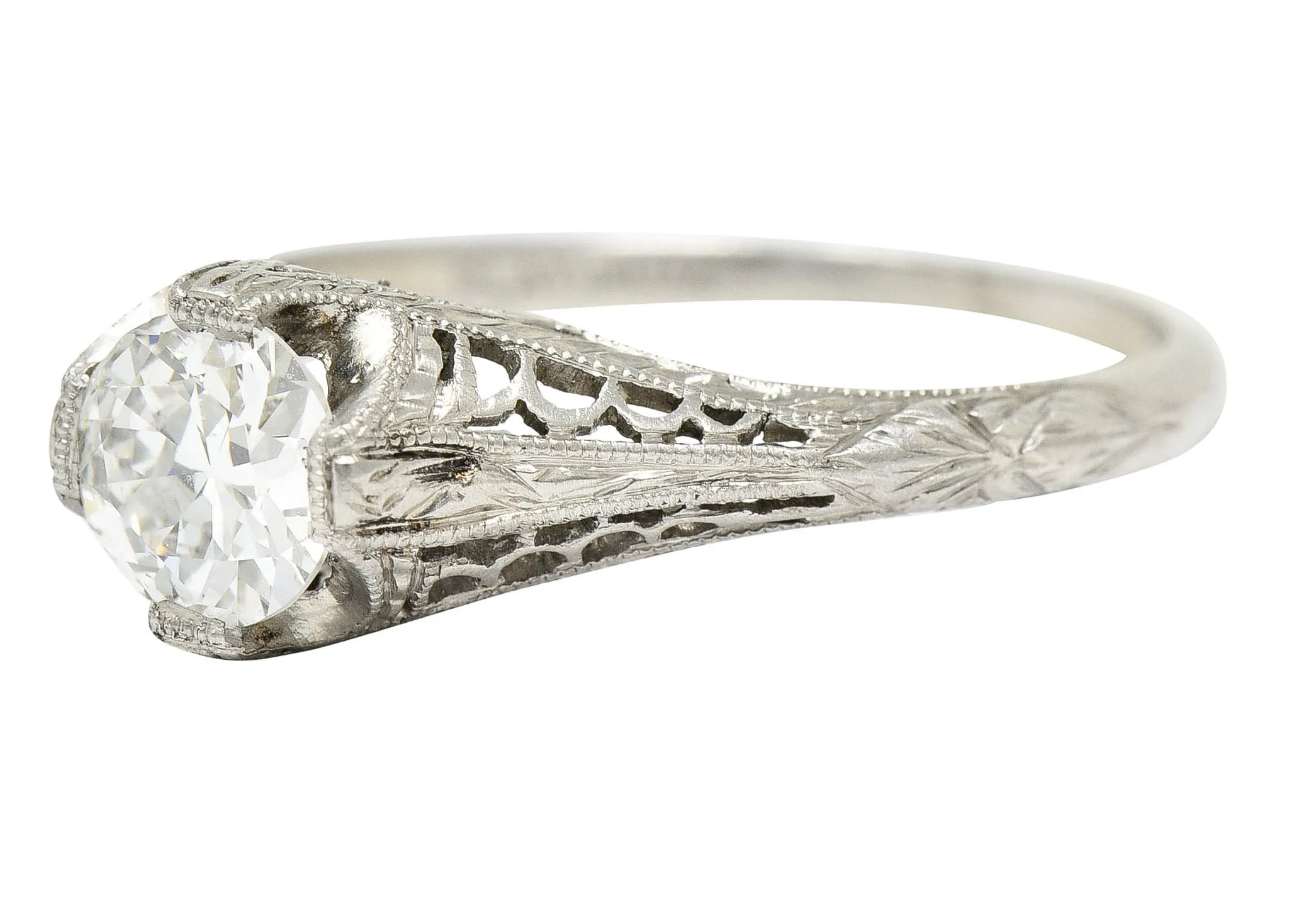 1915 Edwardian 0.63 CTW Diamond Platinum Filigree Engagement Ring