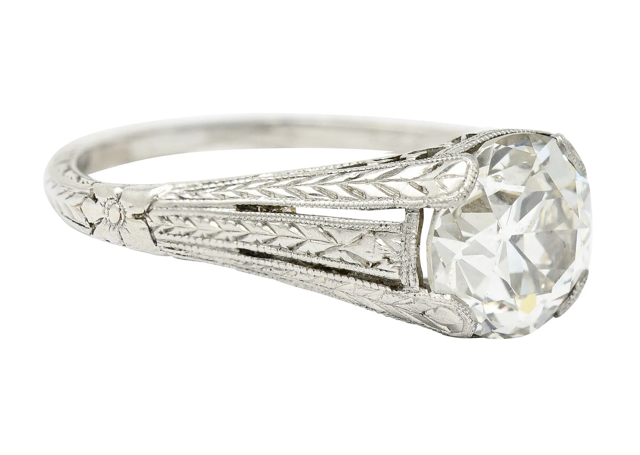 1922 Art Deco 1.79 CTW Diamond Platinum Scrolled Lotus Antique Engagement Ring