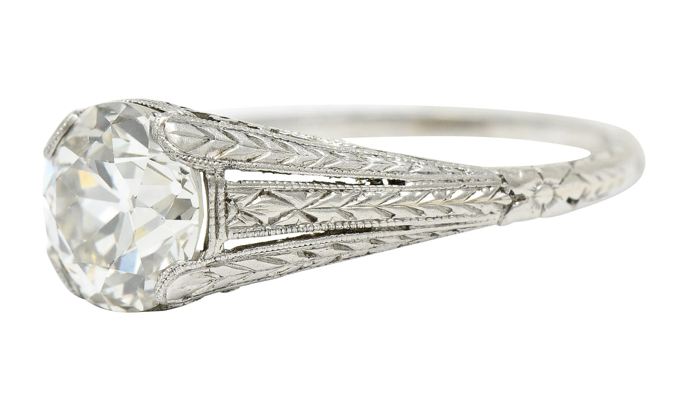 1922 Art Deco 1.79 CTW Diamond Platinum Scrolled Lotus Antique Engagement Ring