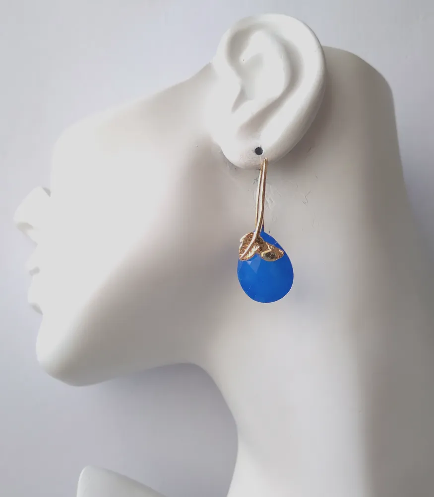 2 Leaf Royal Blue Jade Single Gem Drop Earrings