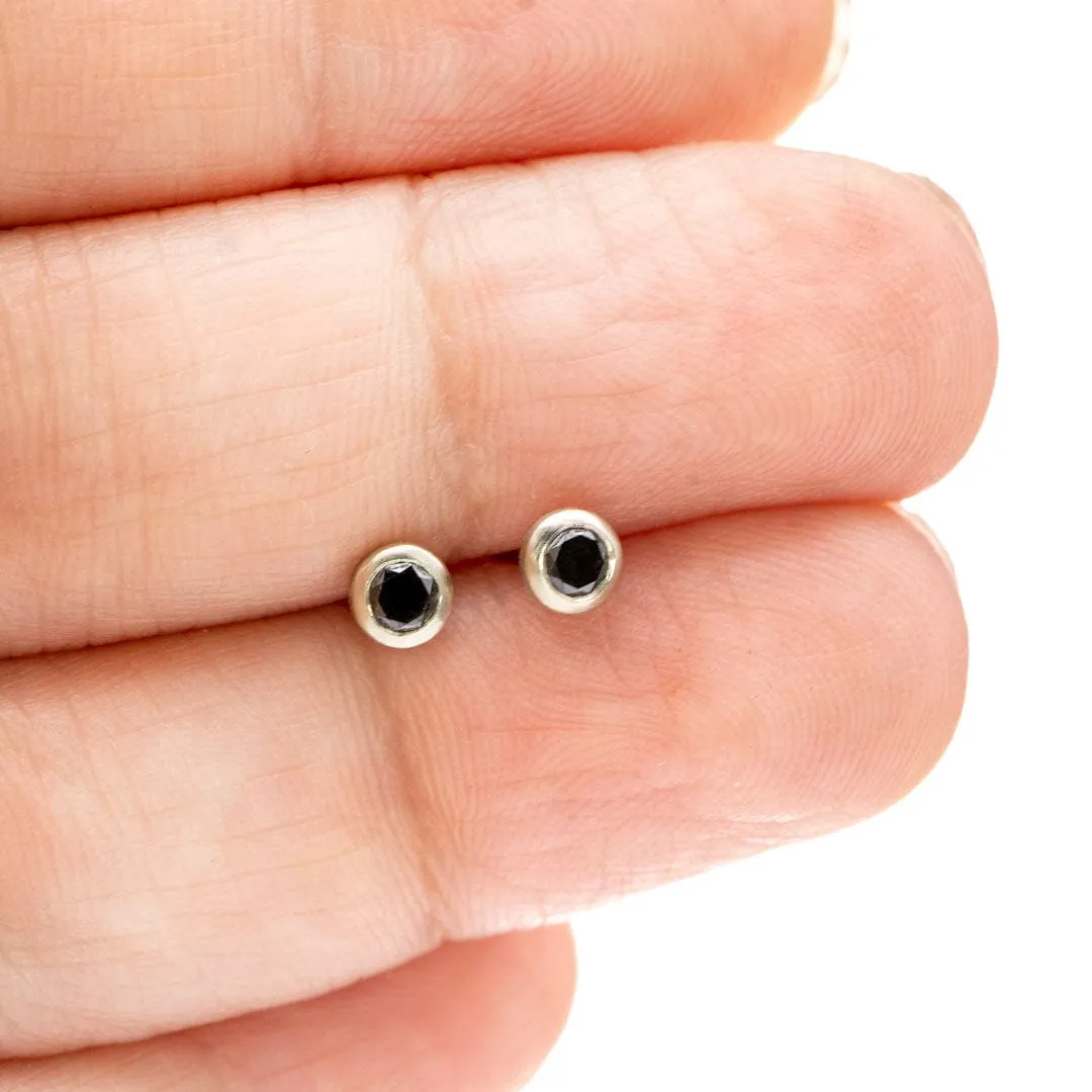 3mm Round Black Diamonds Martini Bezel 10k White Gold Stud Earrings, Ready to Ship