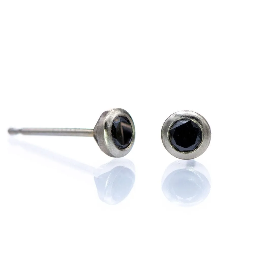 3mm Round Black Diamonds Martini Bezel 10k White Gold Stud Earrings, Ready to Ship