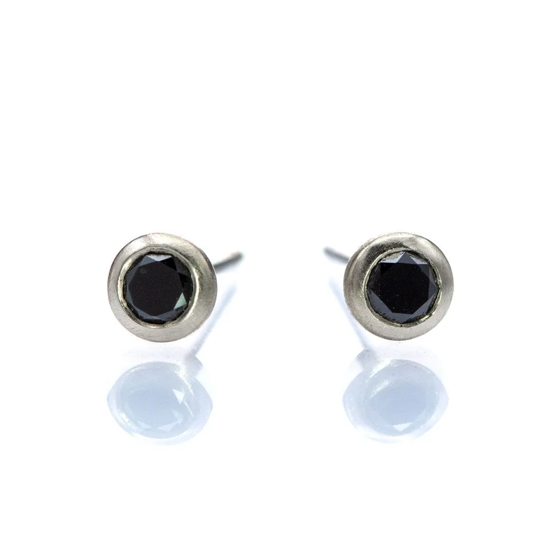 3mm Round Black Diamonds Martini Bezel 10k White Gold Stud Earrings, Ready to Ship