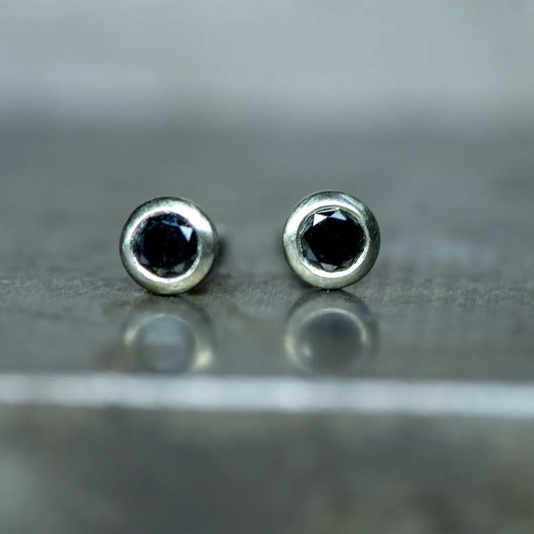 3mm Round Black Diamonds Martini Bezel 10k White Gold Stud Earrings, Ready to Ship