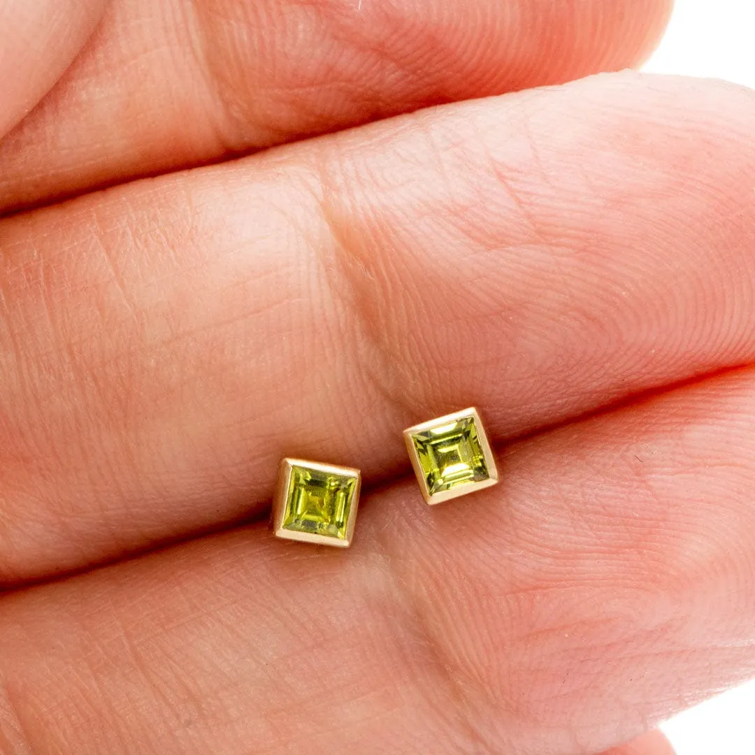 3mm Square Green Sapphire 14k Yellow Gold Bezel Stud Earrings, Ready to Ship