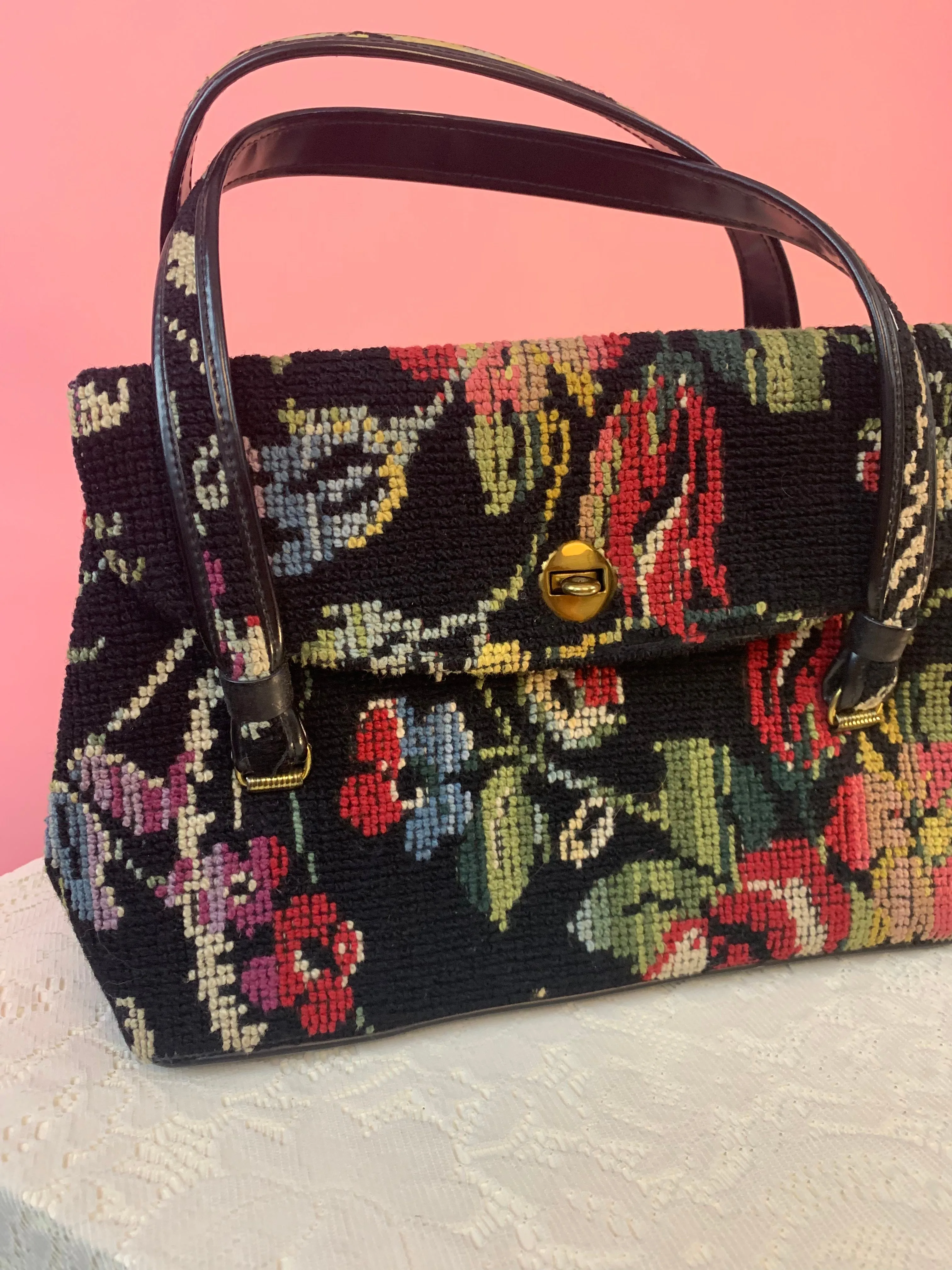 60’s floral punch needle carpet bag