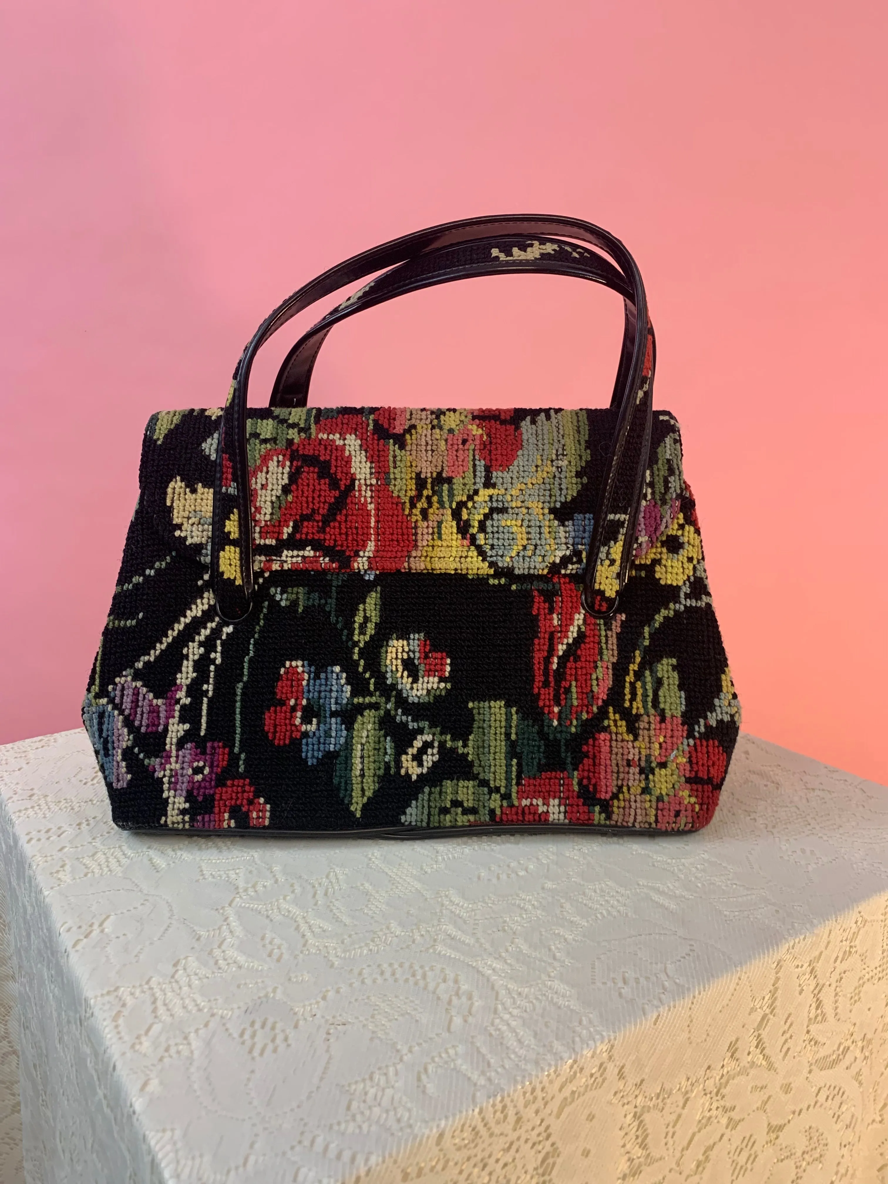 60’s floral punch needle carpet bag