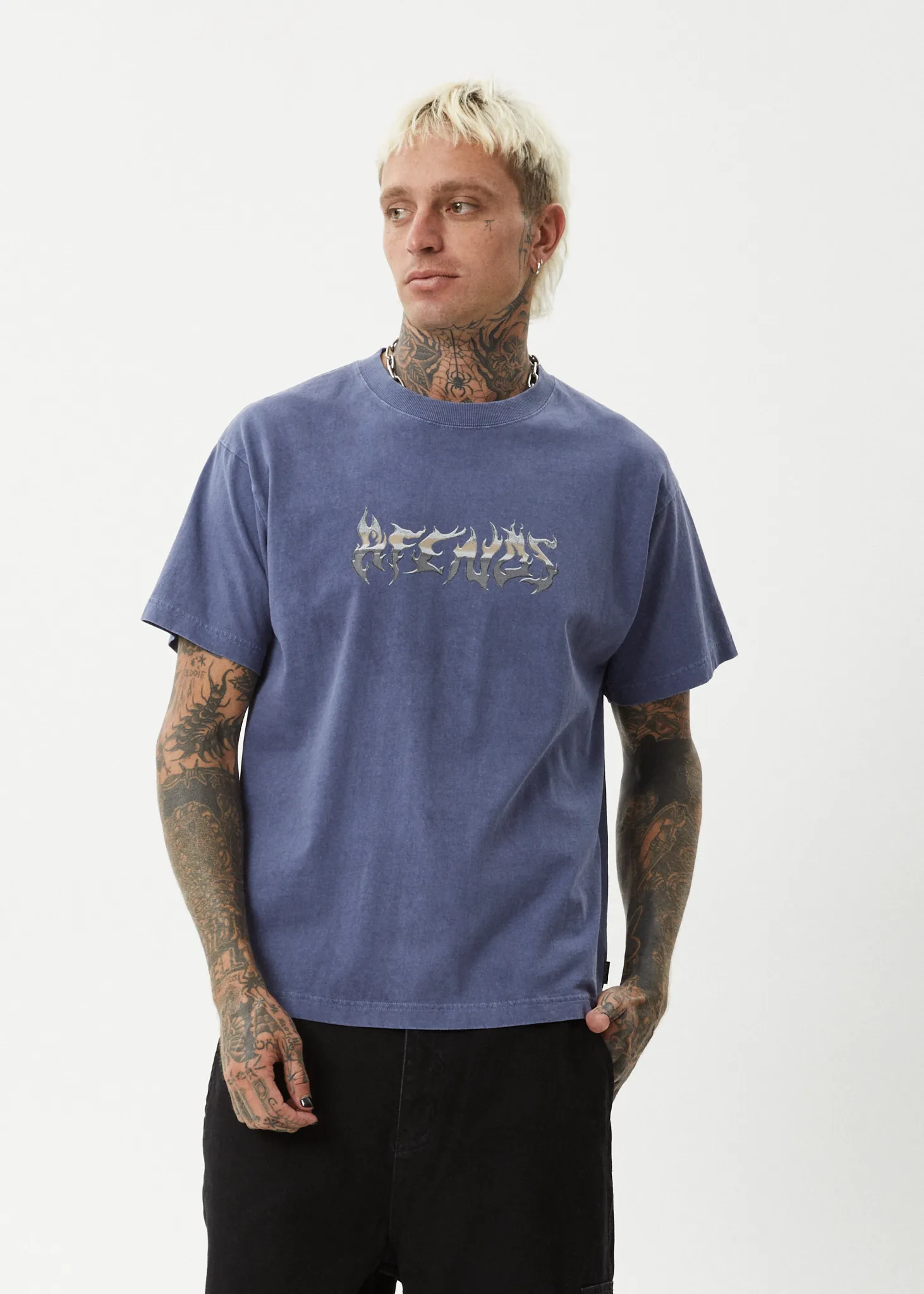 AFENDS Mens Scorched - Heavy Boxy Fit Tee - Washed Marlin