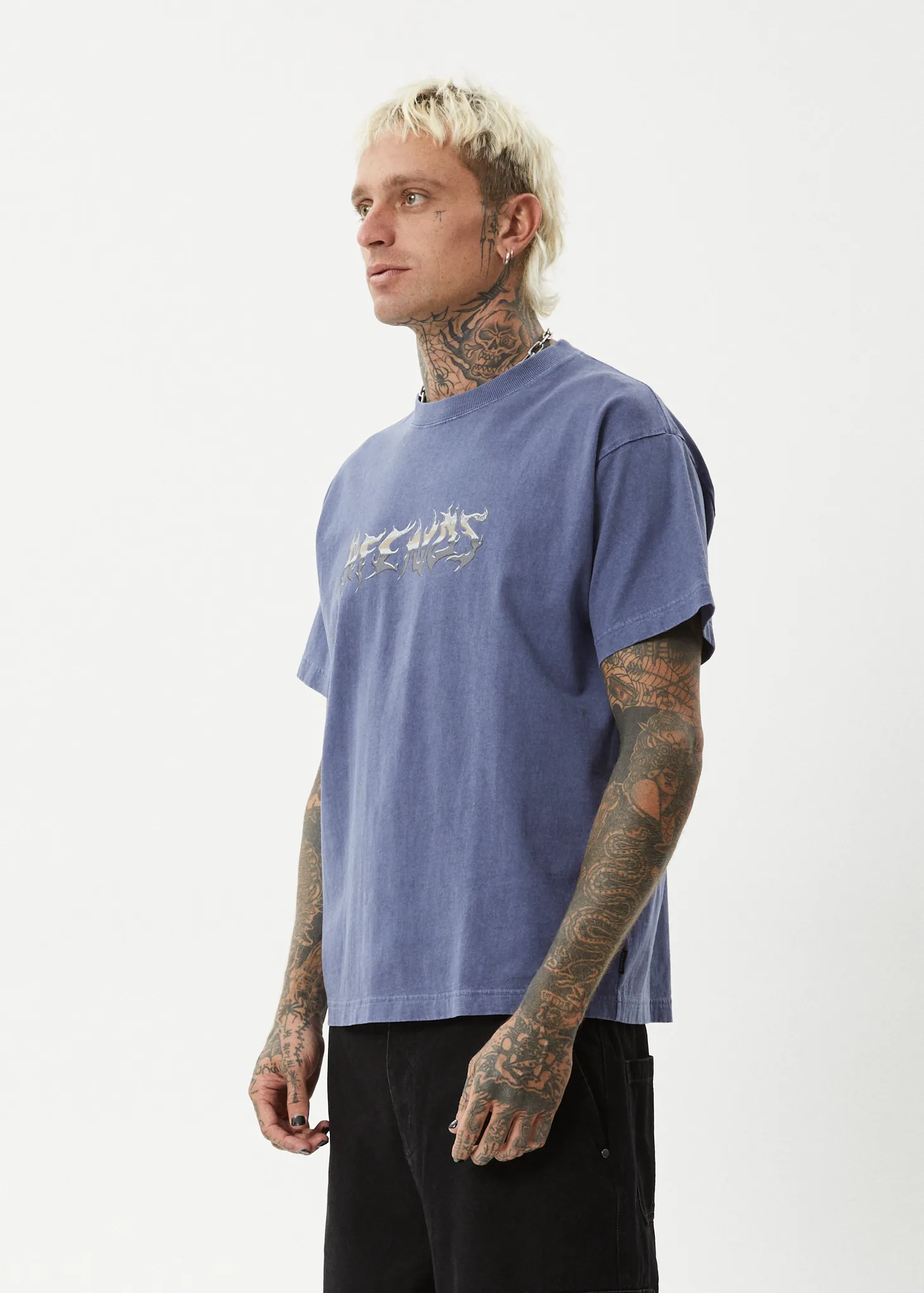 AFENDS Mens Scorched - Heavy Boxy Fit Tee - Washed Marlin