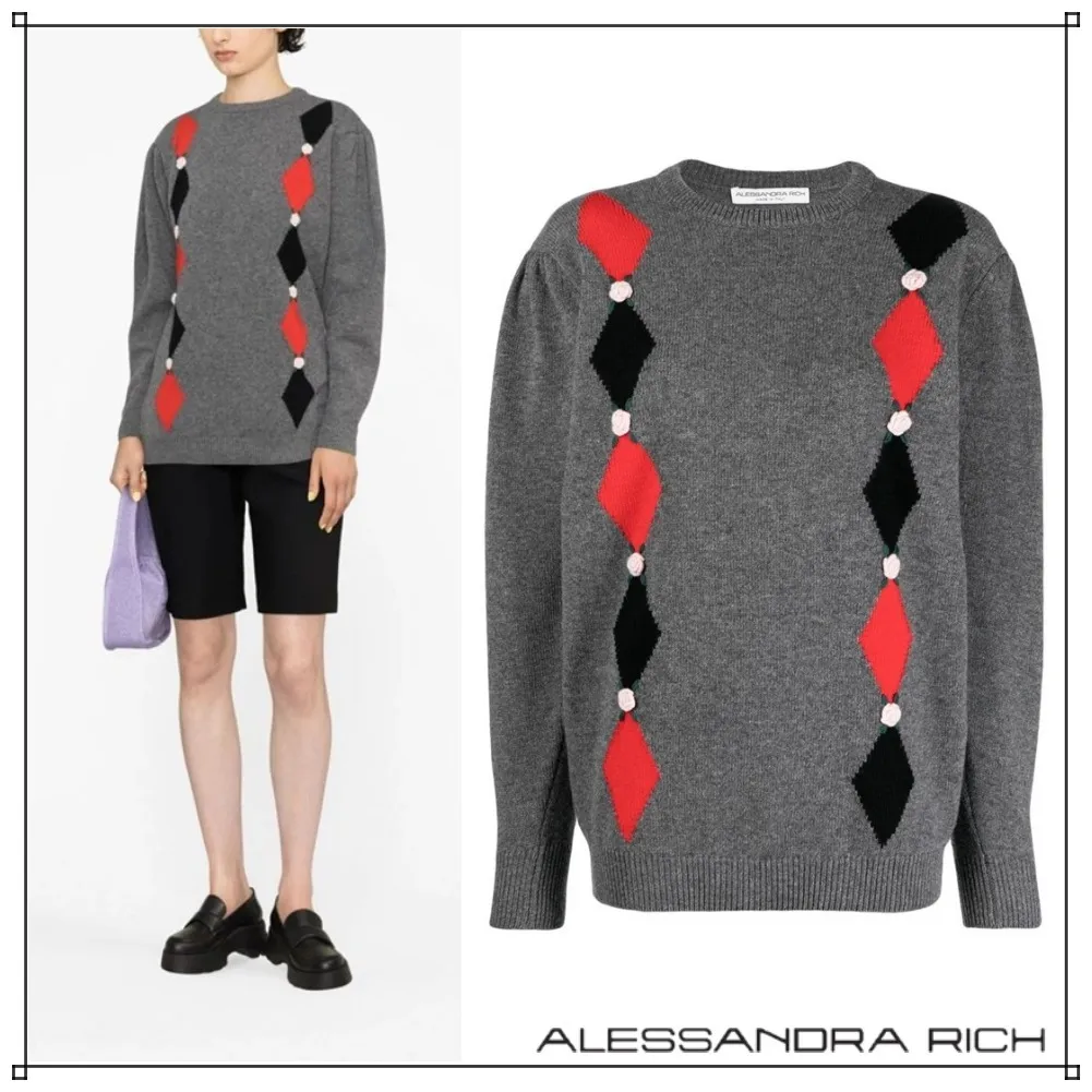 ALESSANDRA RICH  |Crew Neck Argile Flower Patterns Casual Style Wool