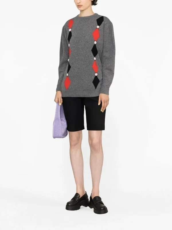 ALESSANDRA RICH  |Crew Neck Argile Flower Patterns Casual Style Wool