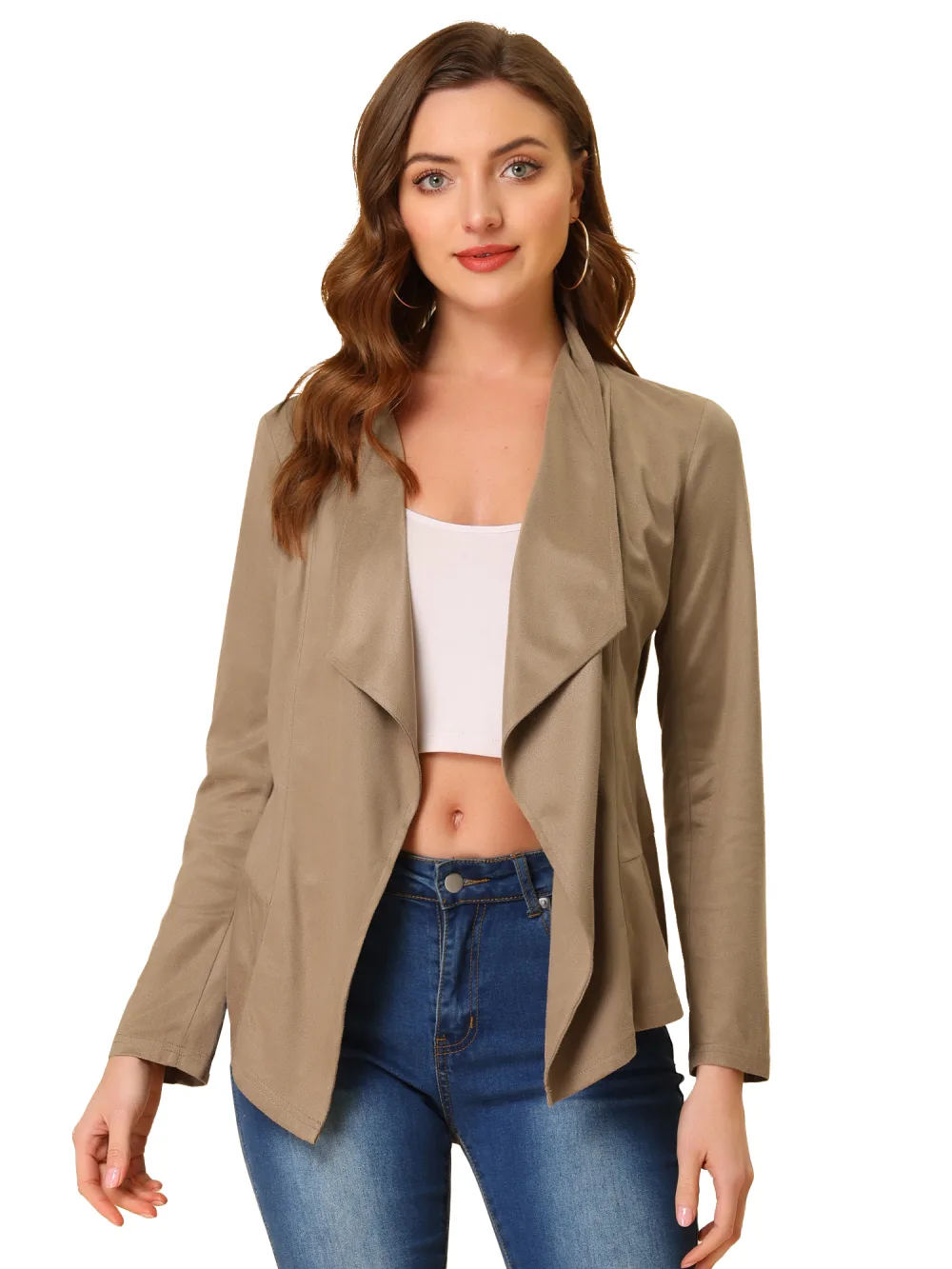 Allegra K- Zipper Cuffs Draped Front Faux Suede Jacket