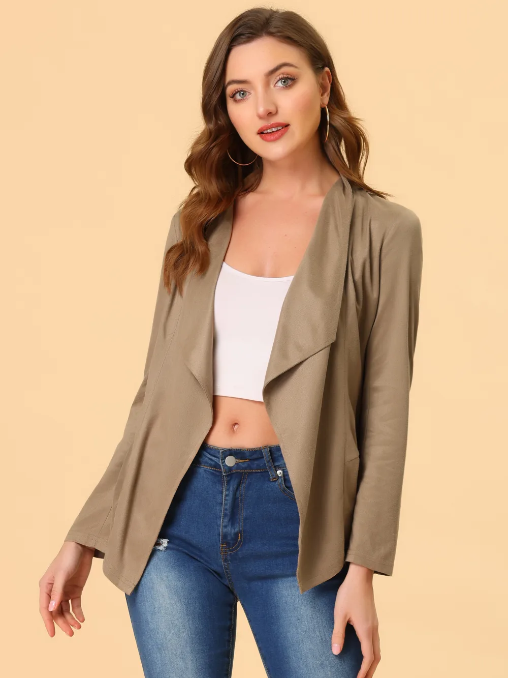 Allegra K- Zipper Cuffs Draped Front Faux Suede Jacket