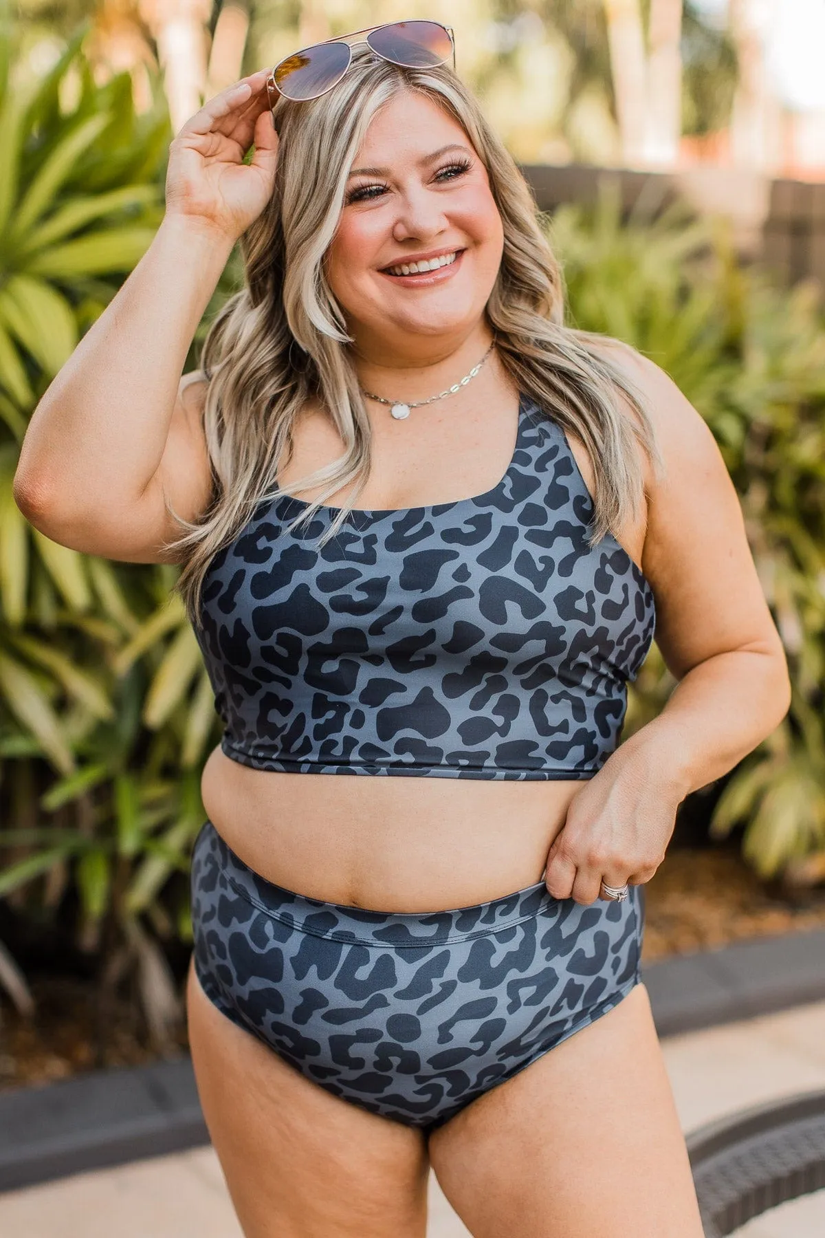 Along The Boardwalk Swim Top- Charcoal Leopard