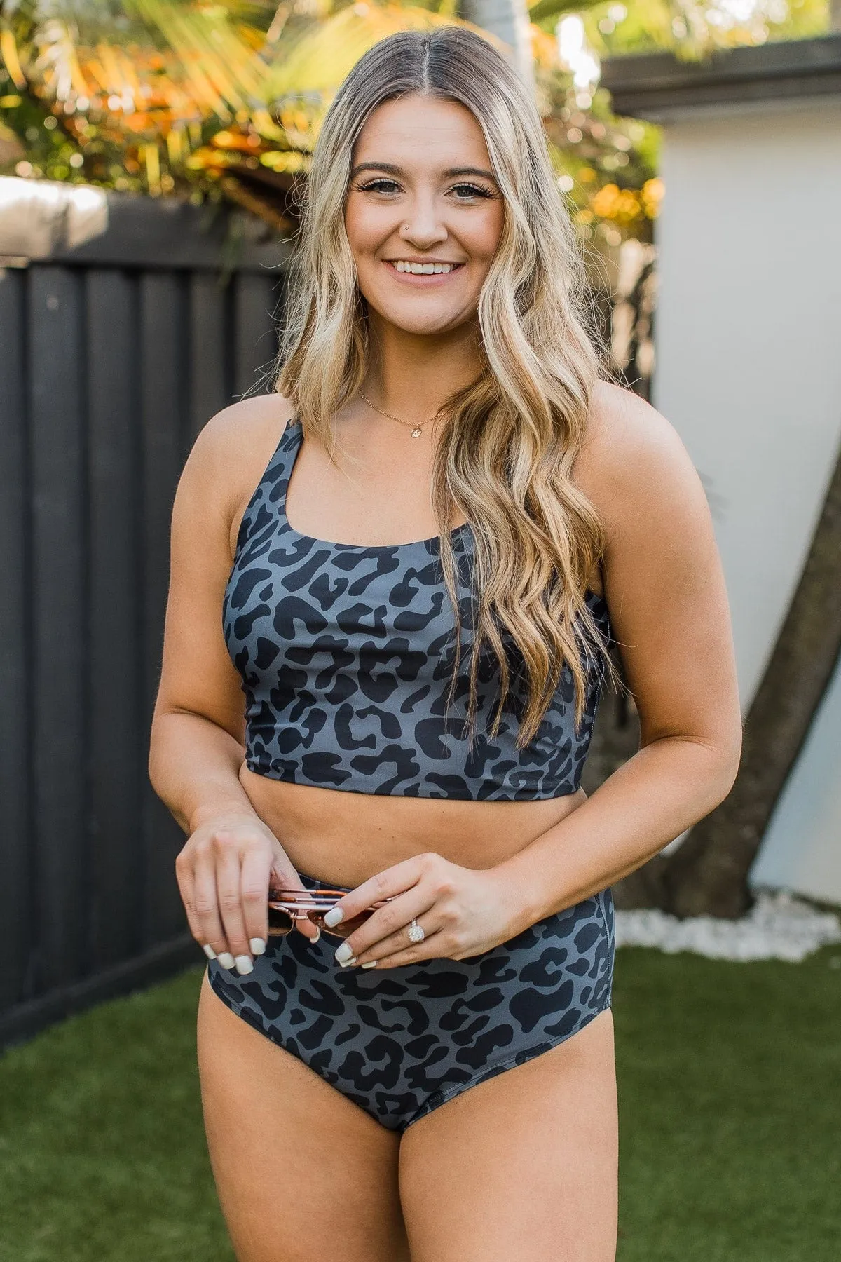 Along The Boardwalk Swim Top- Charcoal Leopard