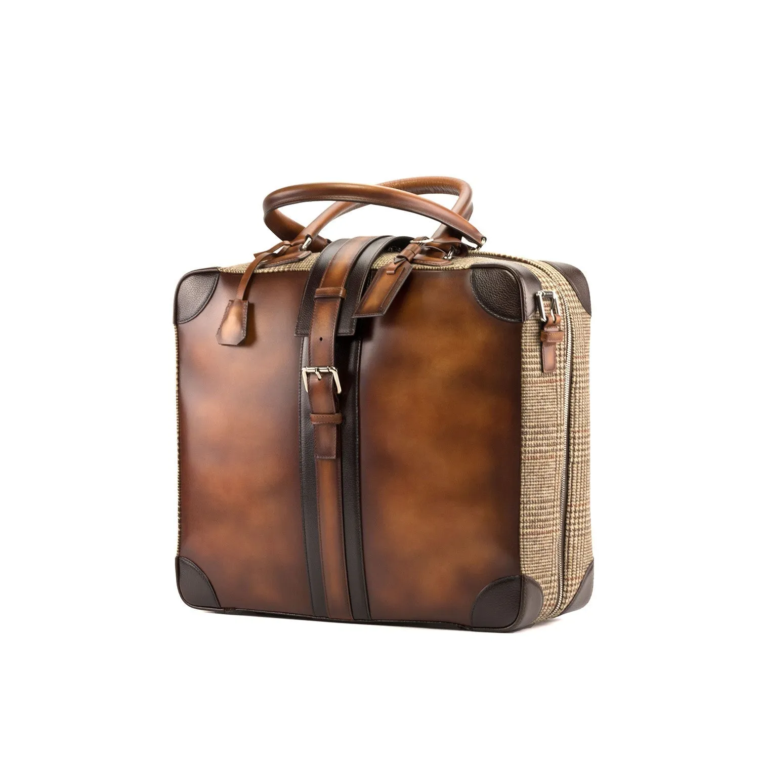 Ambrogio Unisex Cognac & Brown Tweed Sartorial Fabric / Full Grain Leather Travel Tote Bag (AMBH1027)