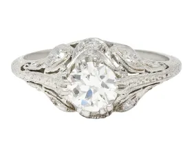 Art Deco 0.75 CTW Old European Cut Diamond Platinum Swirling Foliate Engagement Ring