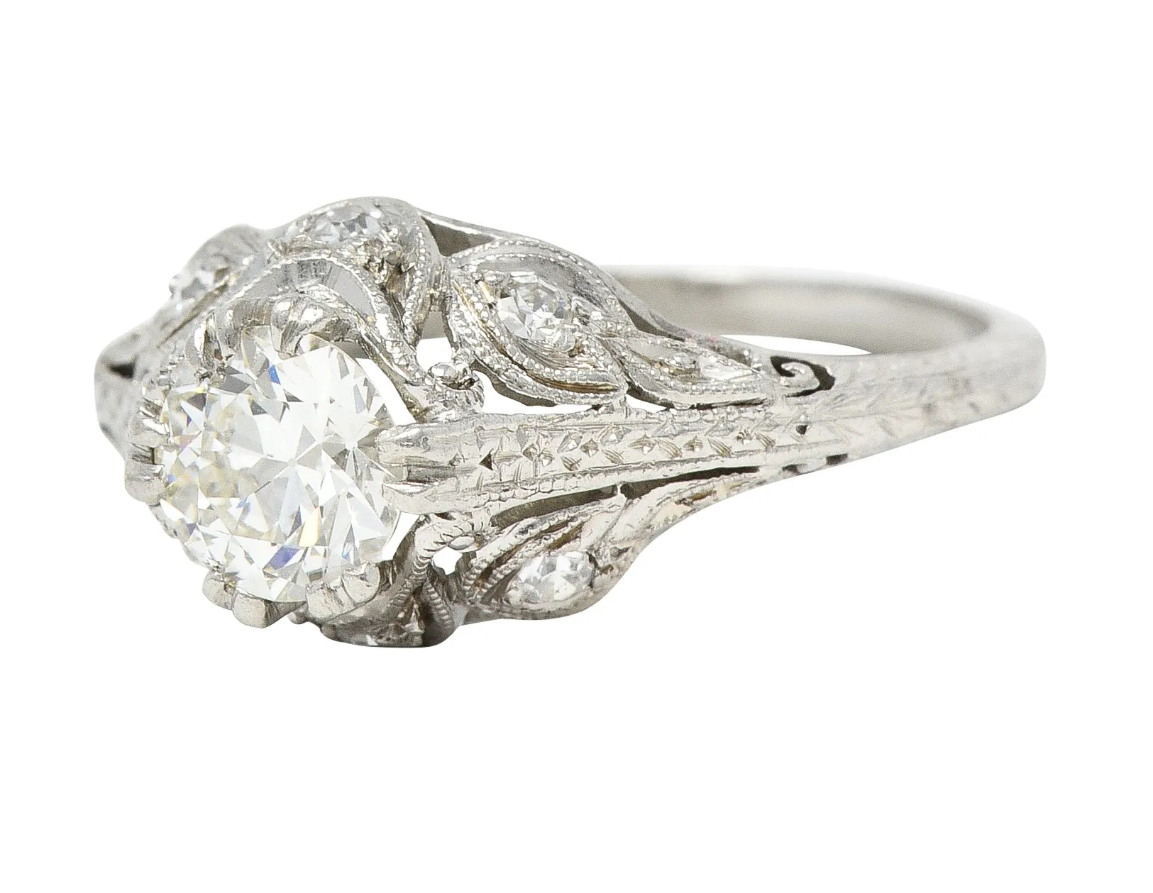 Art Deco 0.75 CTW Old European Cut Diamond Platinum Swirling Foliate Engagement Ring