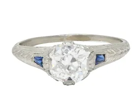 Art Deco 1.27 CTW Old European Cut Diamond Platinum Fleur-De-Lis Antique Engagement Ring GIA