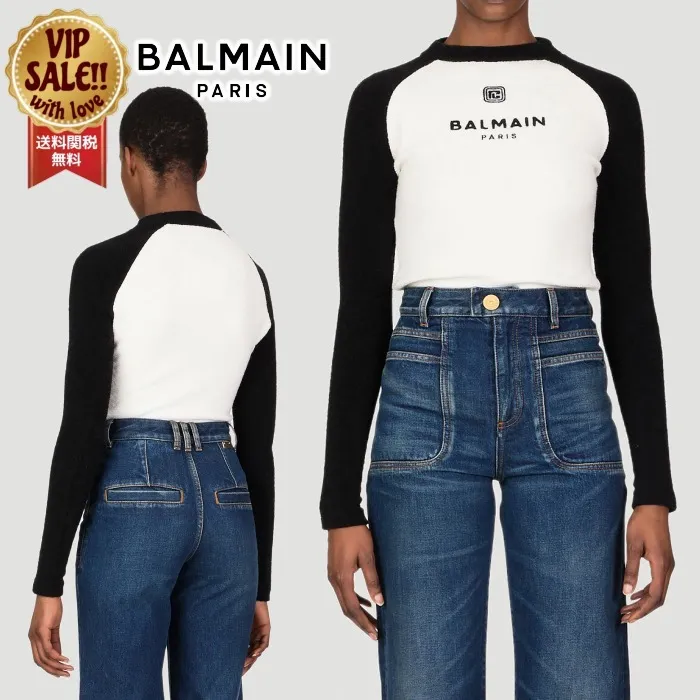 BALMAIN  |Crew Neck Casual Style Wool Blended Fabrics Bi-color