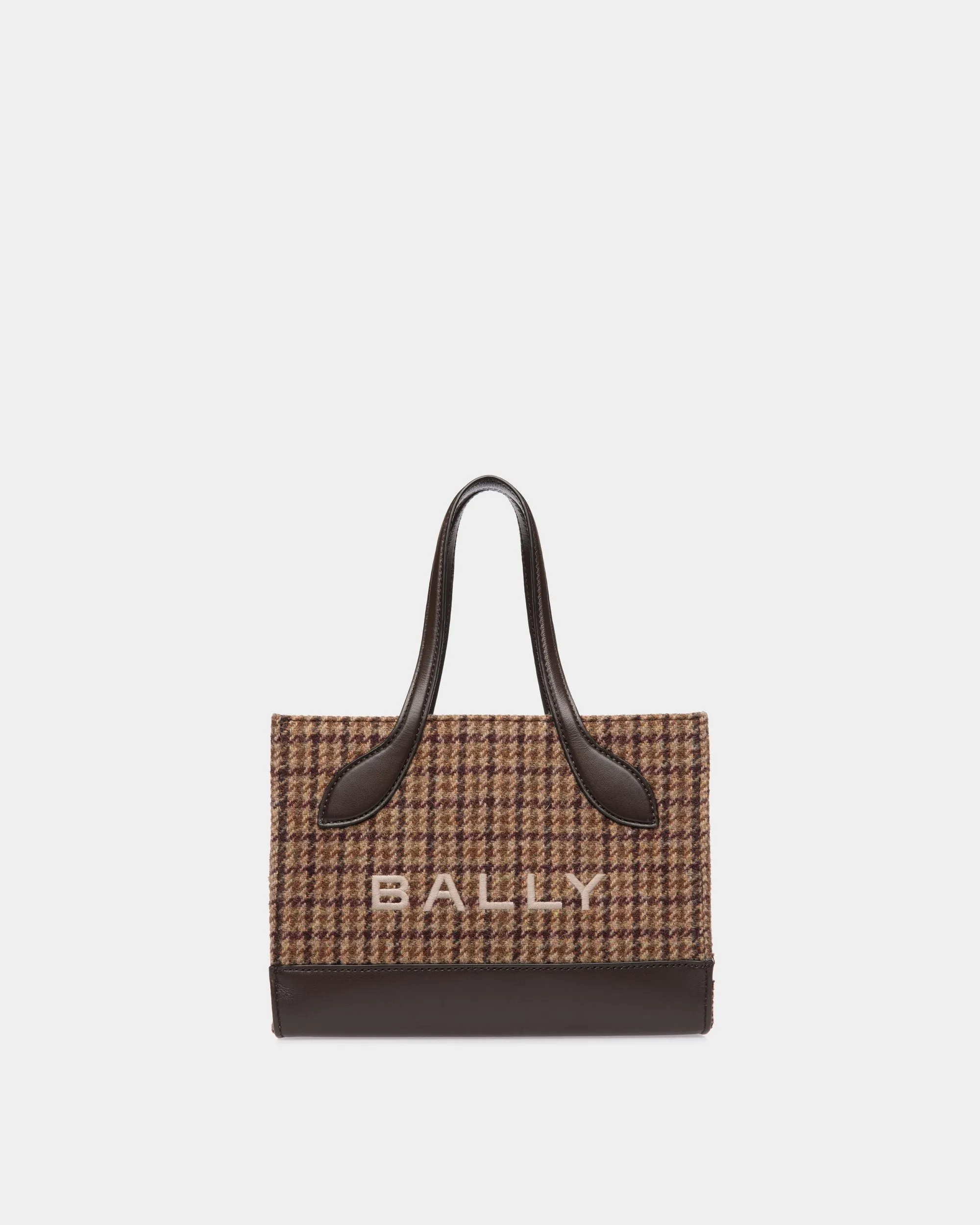 Bar Mini Tote Bag in Multibrown Check Wool And Leather 