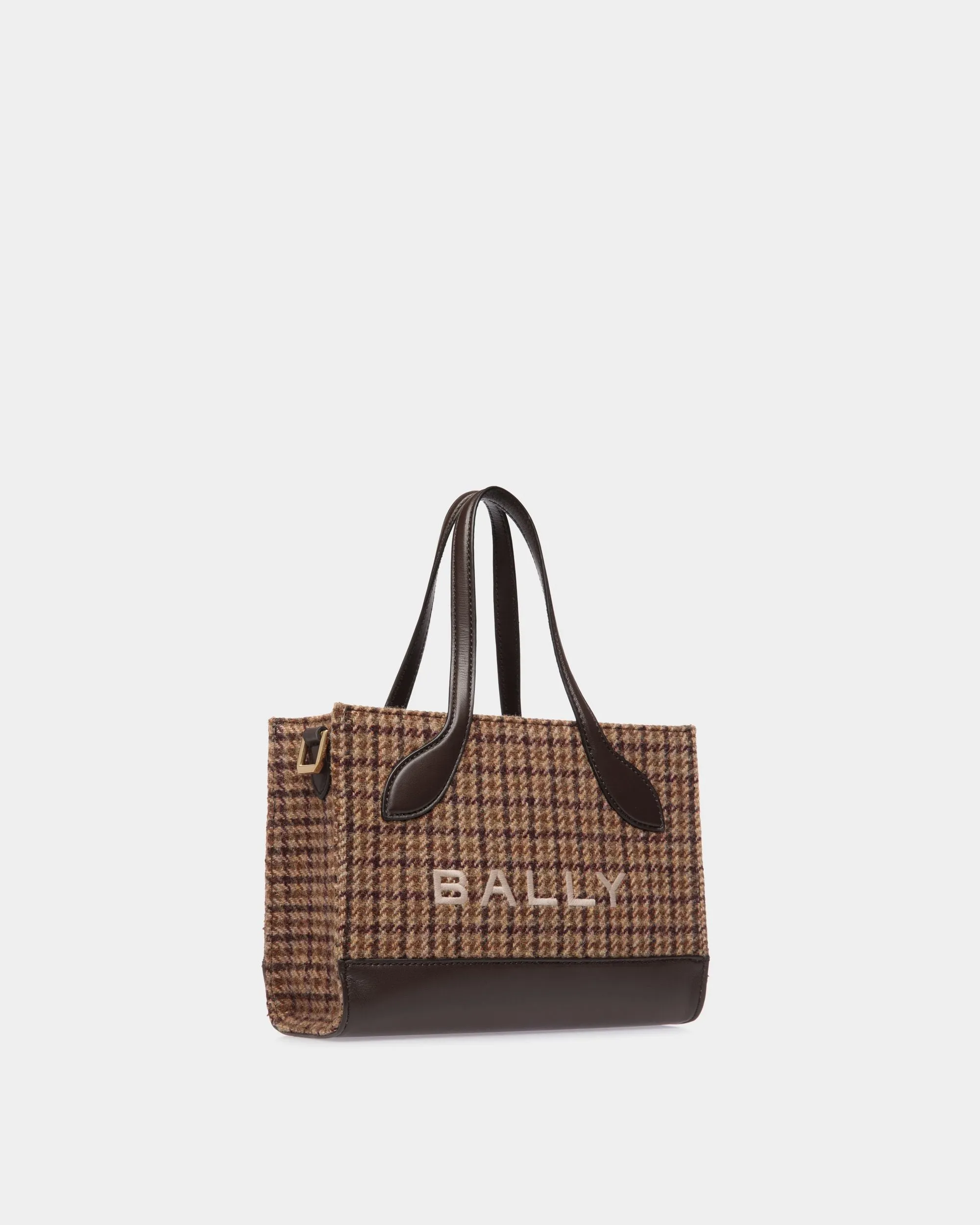 Bar Mini Tote Bag in Multibrown Check Wool And Leather 