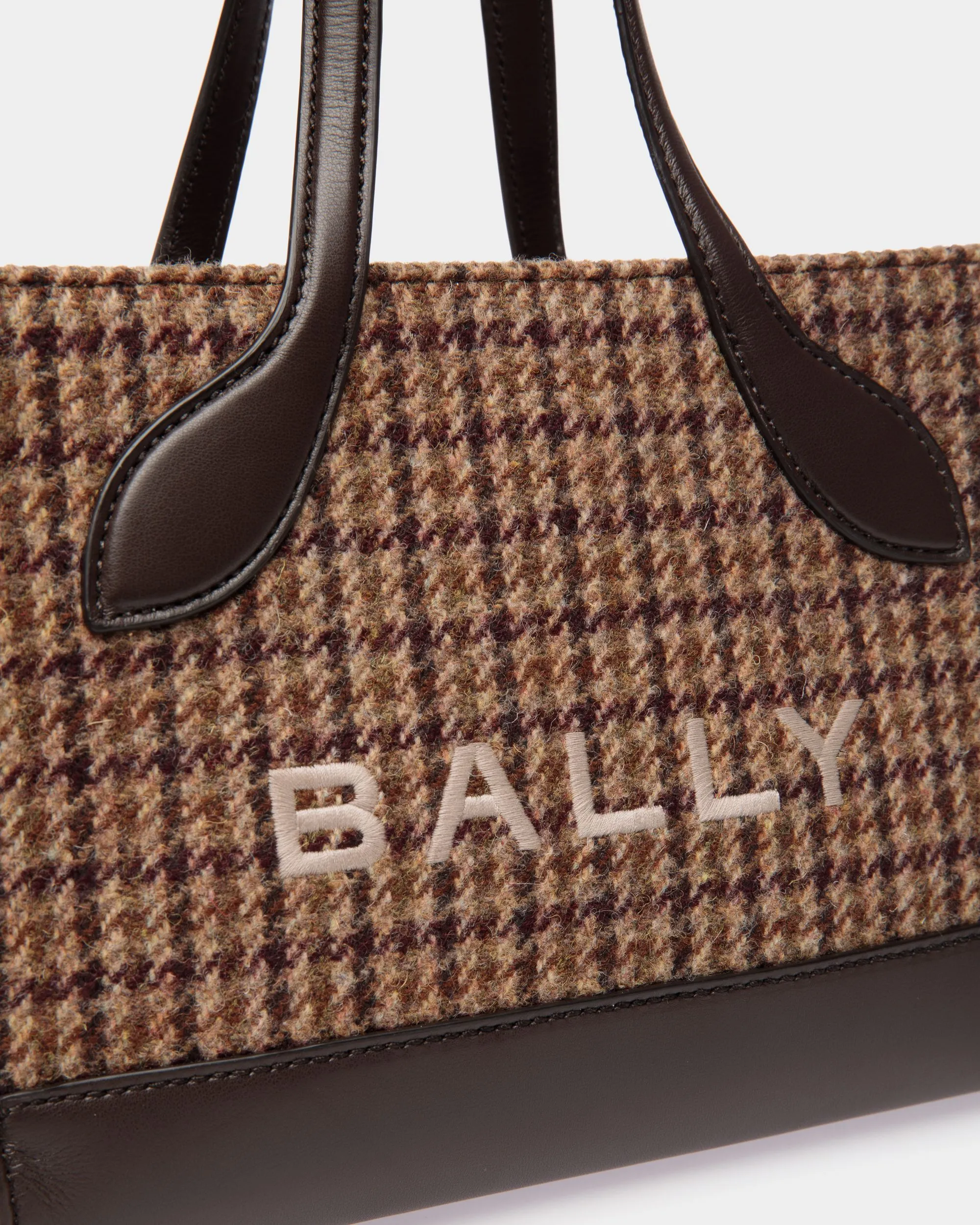 Bar Mini Tote Bag in Multibrown Check Wool And Leather 