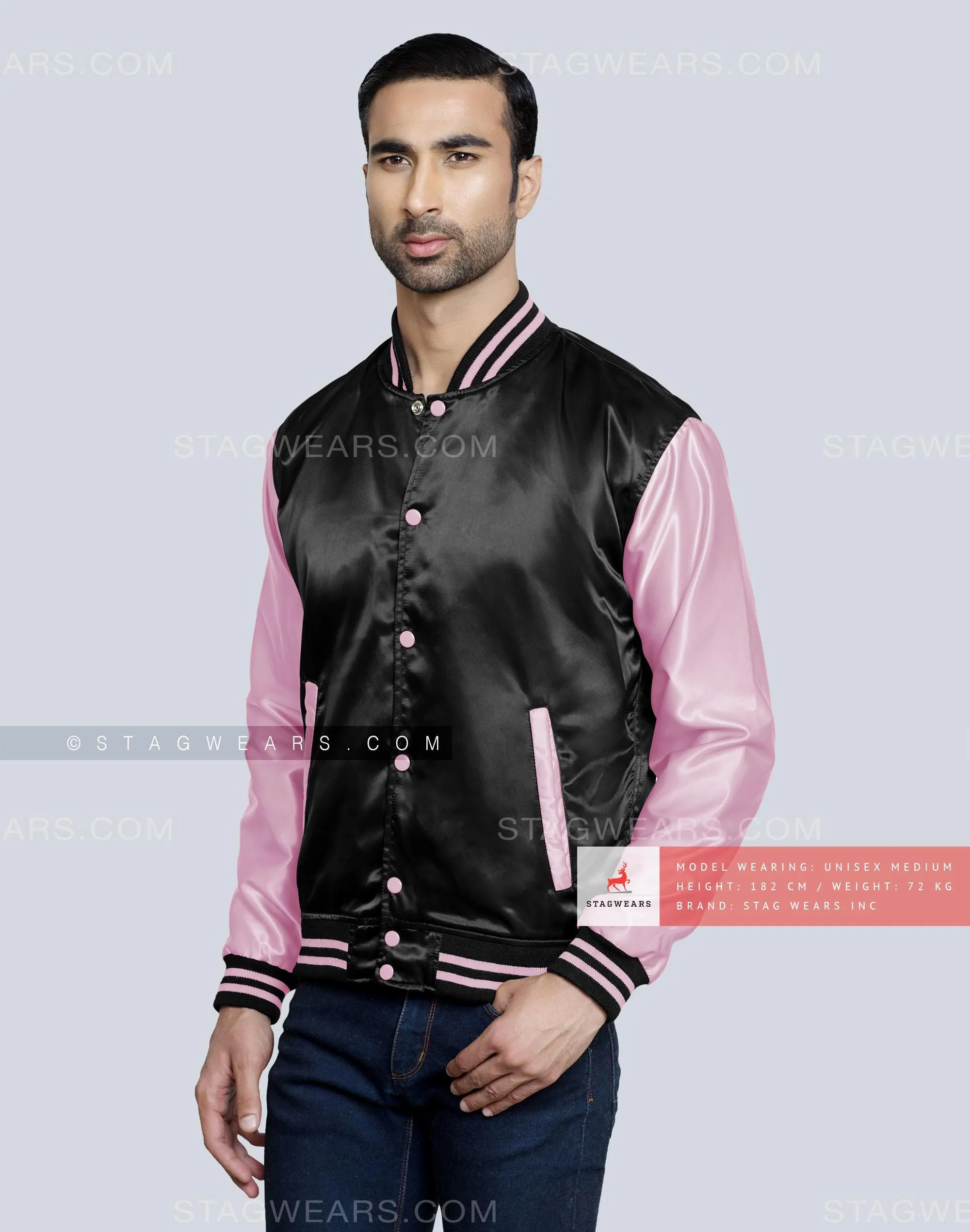 Black body with Baby Pink sleeves Satin Varsity Jacket