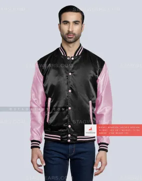 Black body with Baby Pink sleeves Satin Varsity Jacket