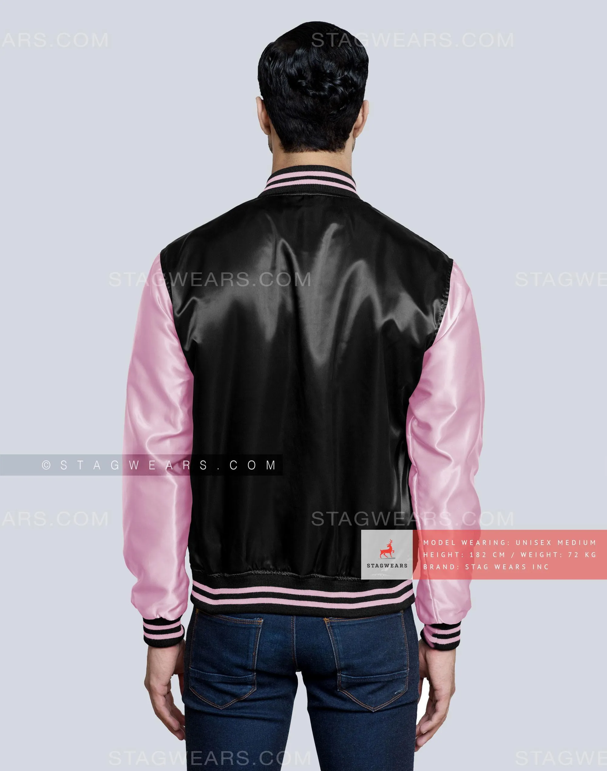 Black body with Baby Pink sleeves Satin Varsity Jacket