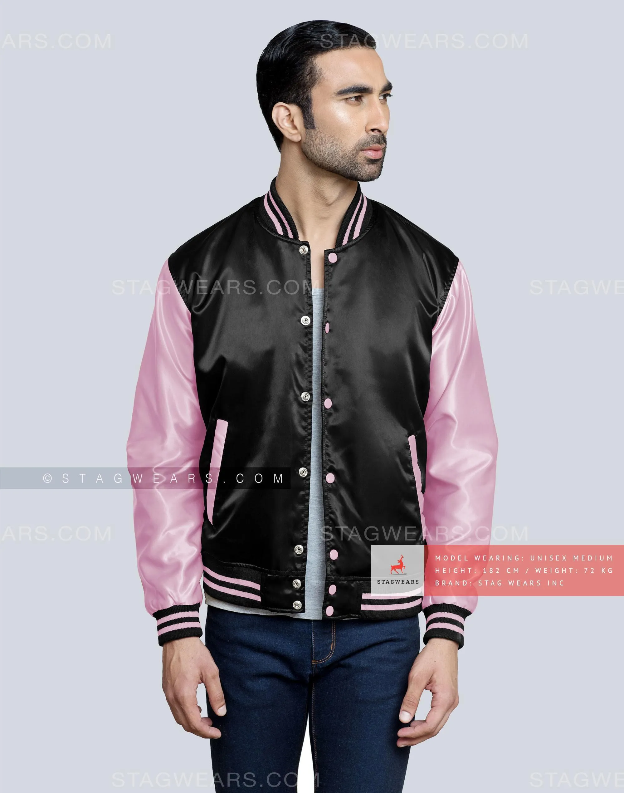 Black body with Baby Pink sleeves Satin Varsity Jacket