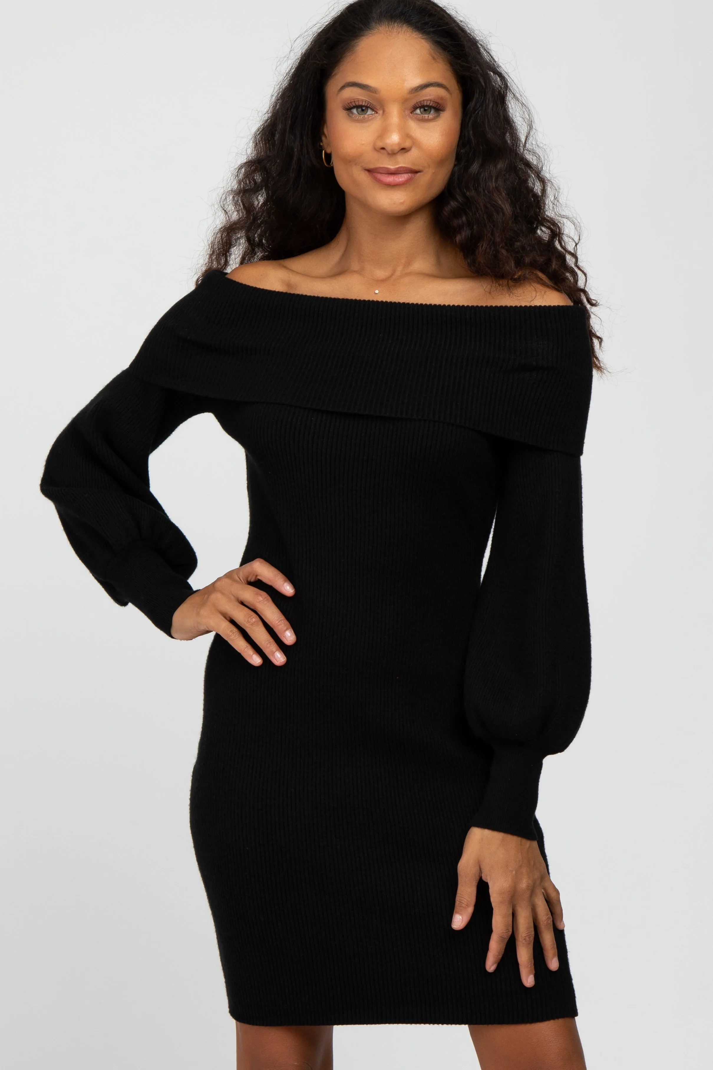 Black Off Shoulder Bubble Sleeve Sweater Dress