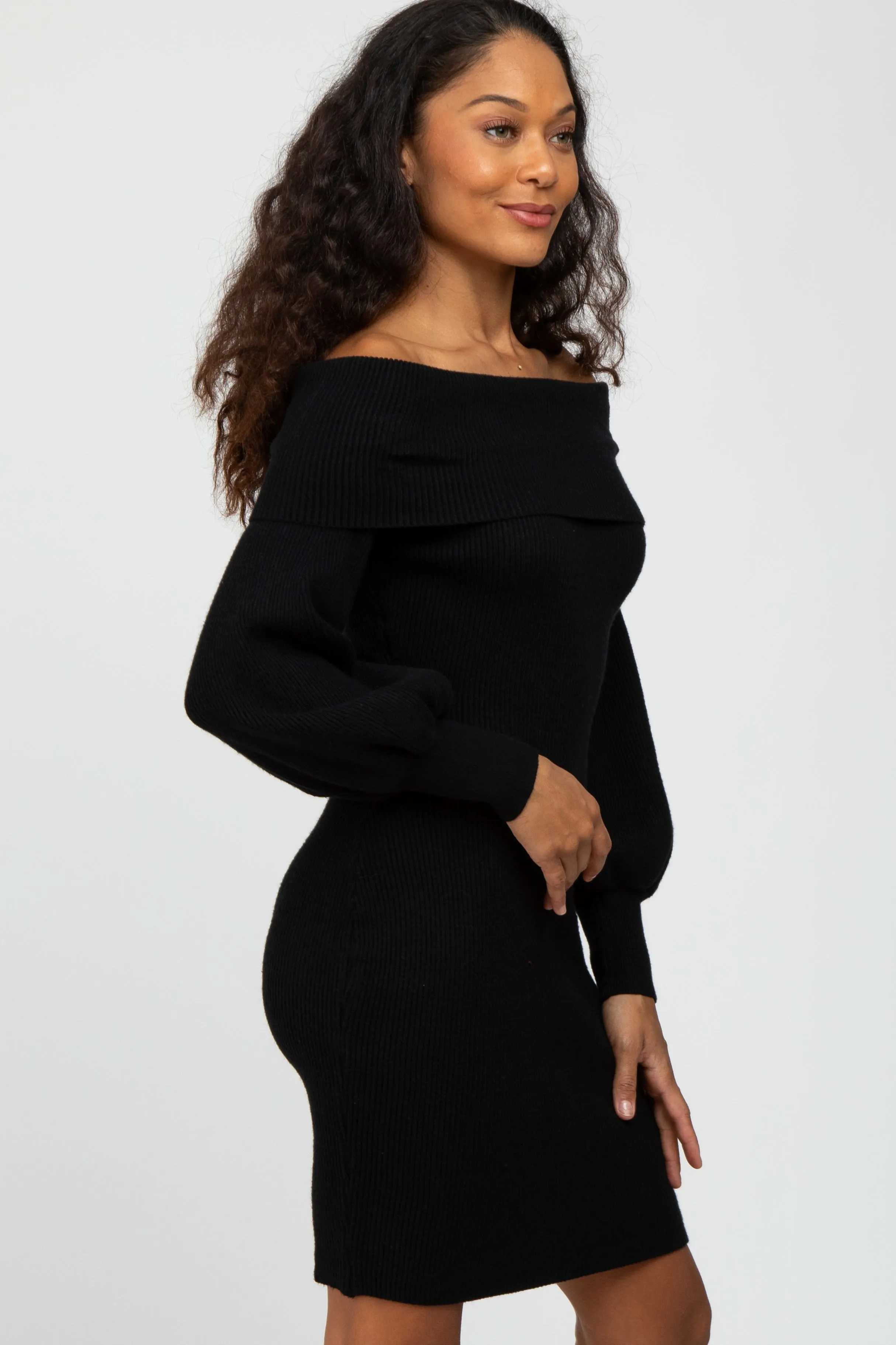 Black Off Shoulder Bubble Sleeve Sweater Dress