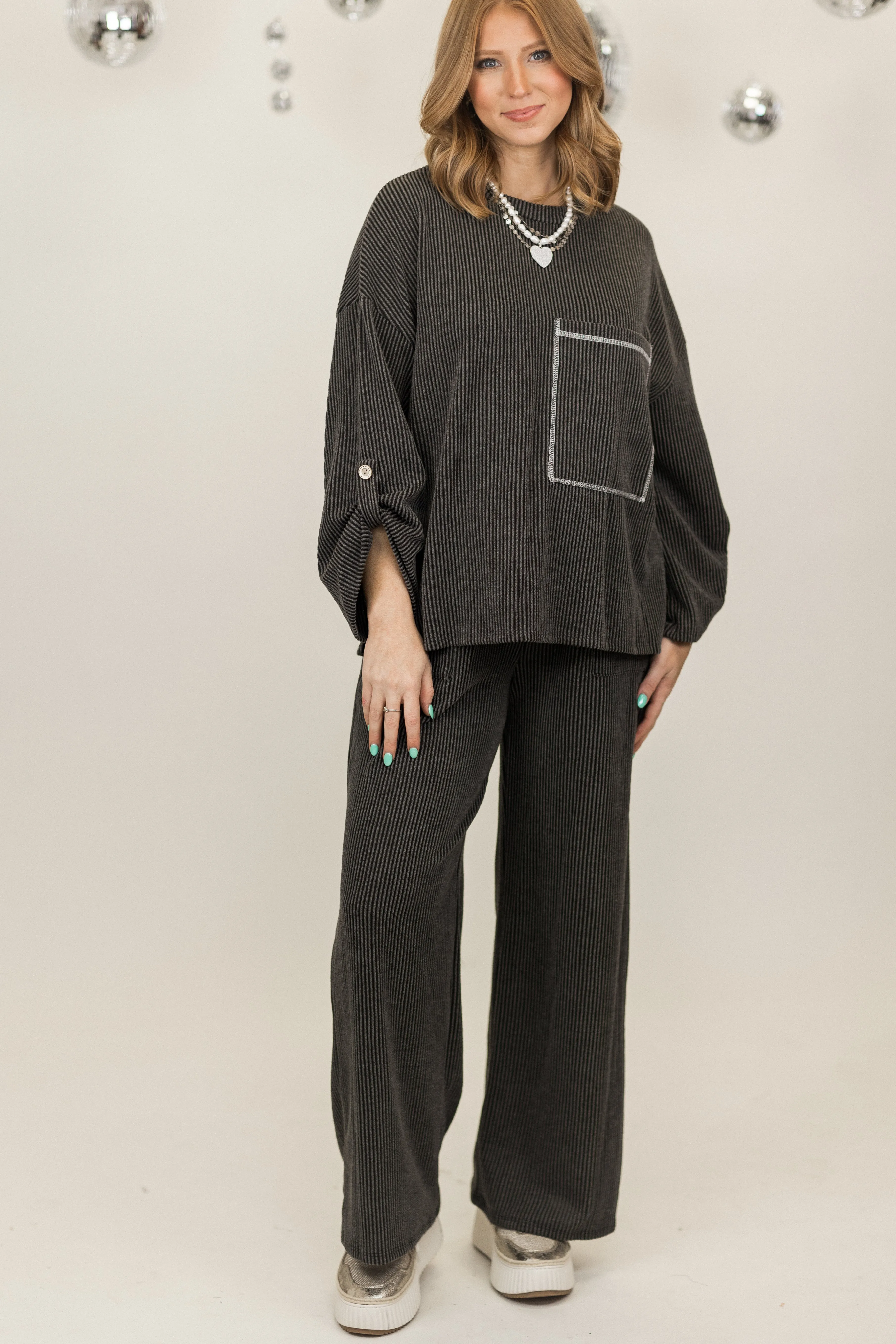 Black Ribbed Comfy Long Sleeve Top and Pant Set