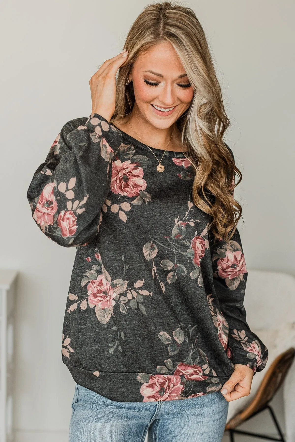 Blooming Feelings Floral Top- Charcoal