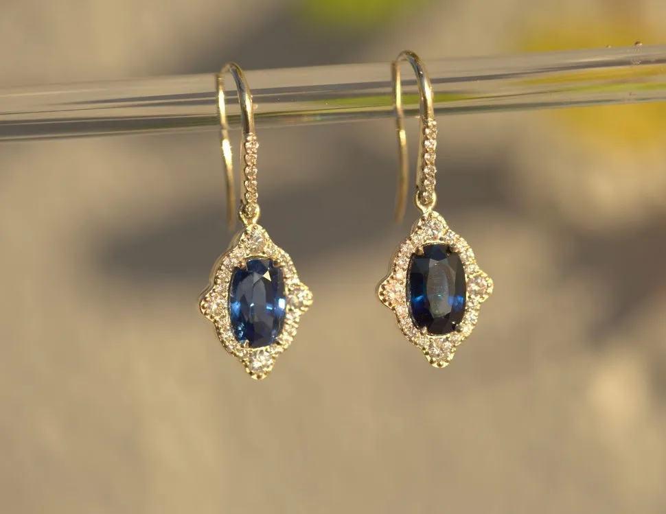 Blue Sapphire & Diamond Art Deco Drop Earrings