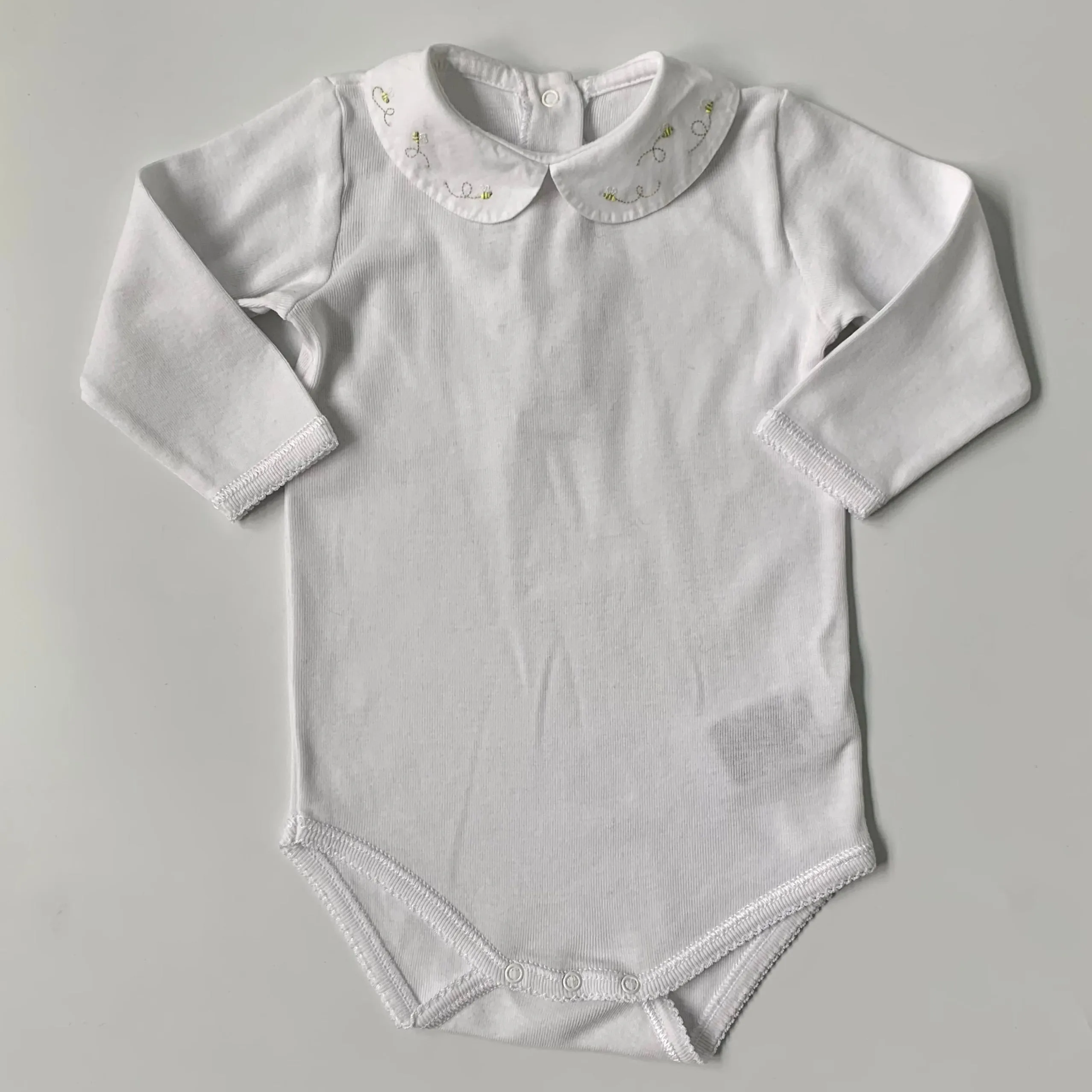 Bonpoint White Bodysuit With Bee Embroidered Collar: 6 Months