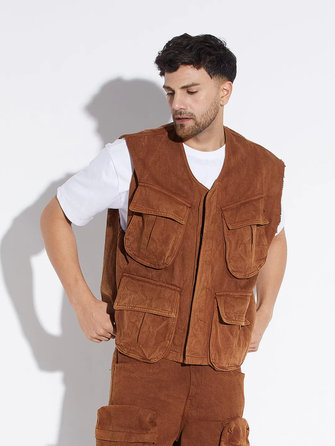 Brown Wash Denim Utility Sleeveless Jacket