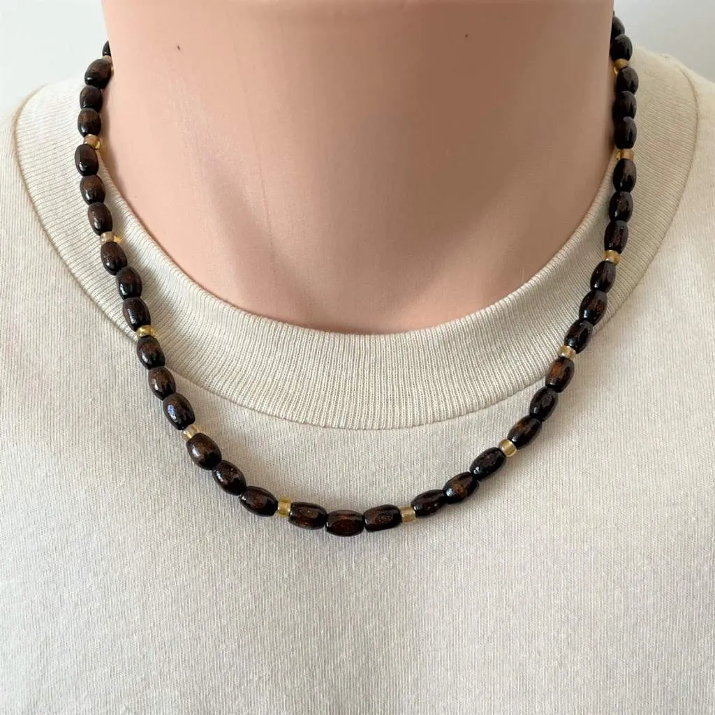 Brown Wood Barrel Beaded Mens Necklace