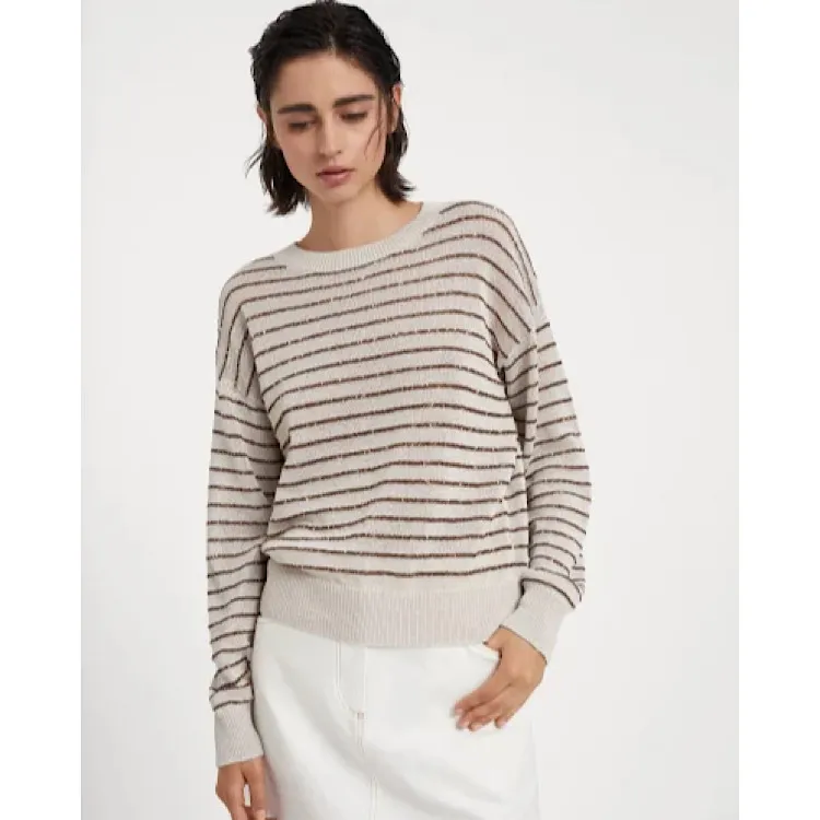 BRUNELLO CUCINELLI  |Crew Neck Stripes Casual Style Long Sleeves Cotton