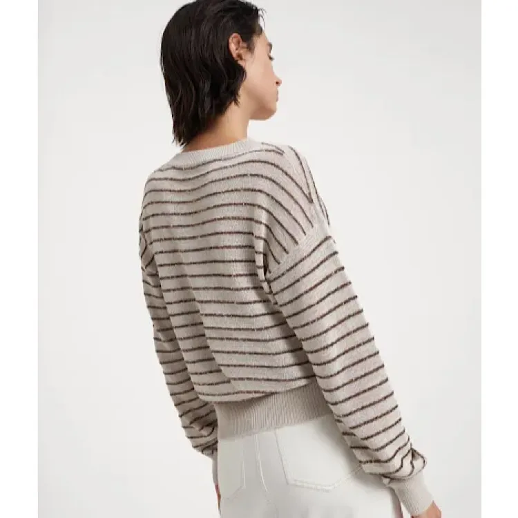 BRUNELLO CUCINELLI  |Crew Neck Stripes Casual Style Long Sleeves Cotton