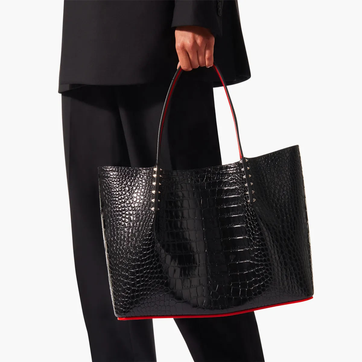 Cabarock large Tote bag - Alligator embossed calf leather and spikes - Black