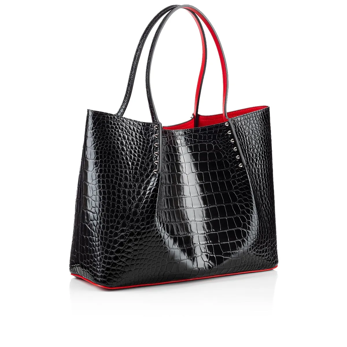 Cabarock large Tote bag - Alligator embossed calf leather and spikes - Black